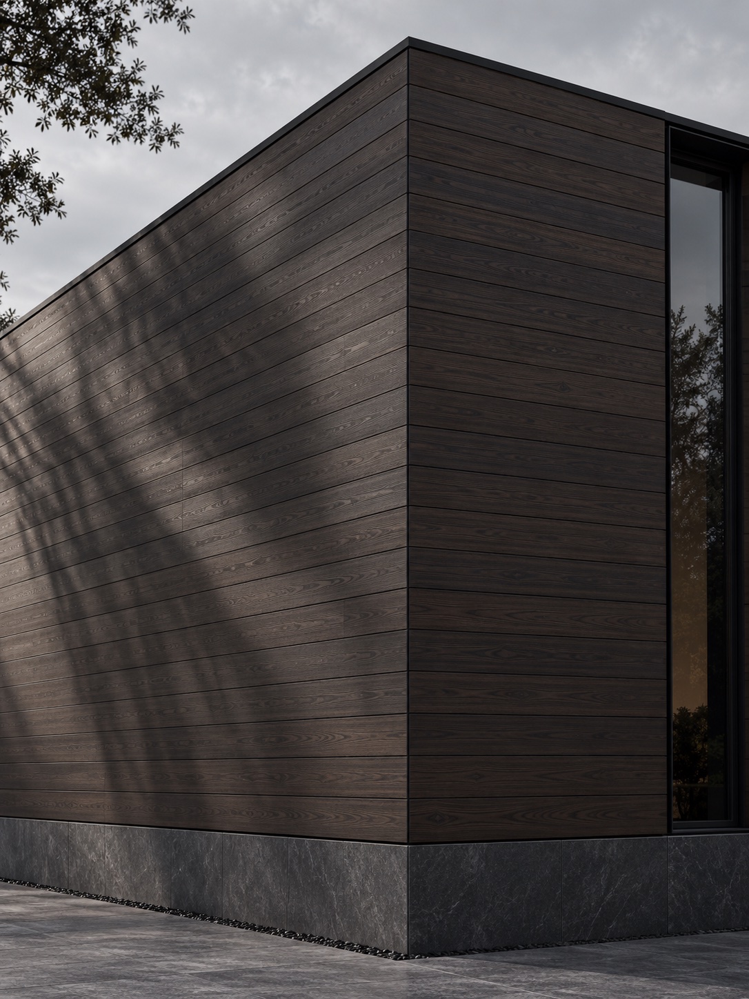 AI finish concept of dark exterior wall cladding at a building corner.
