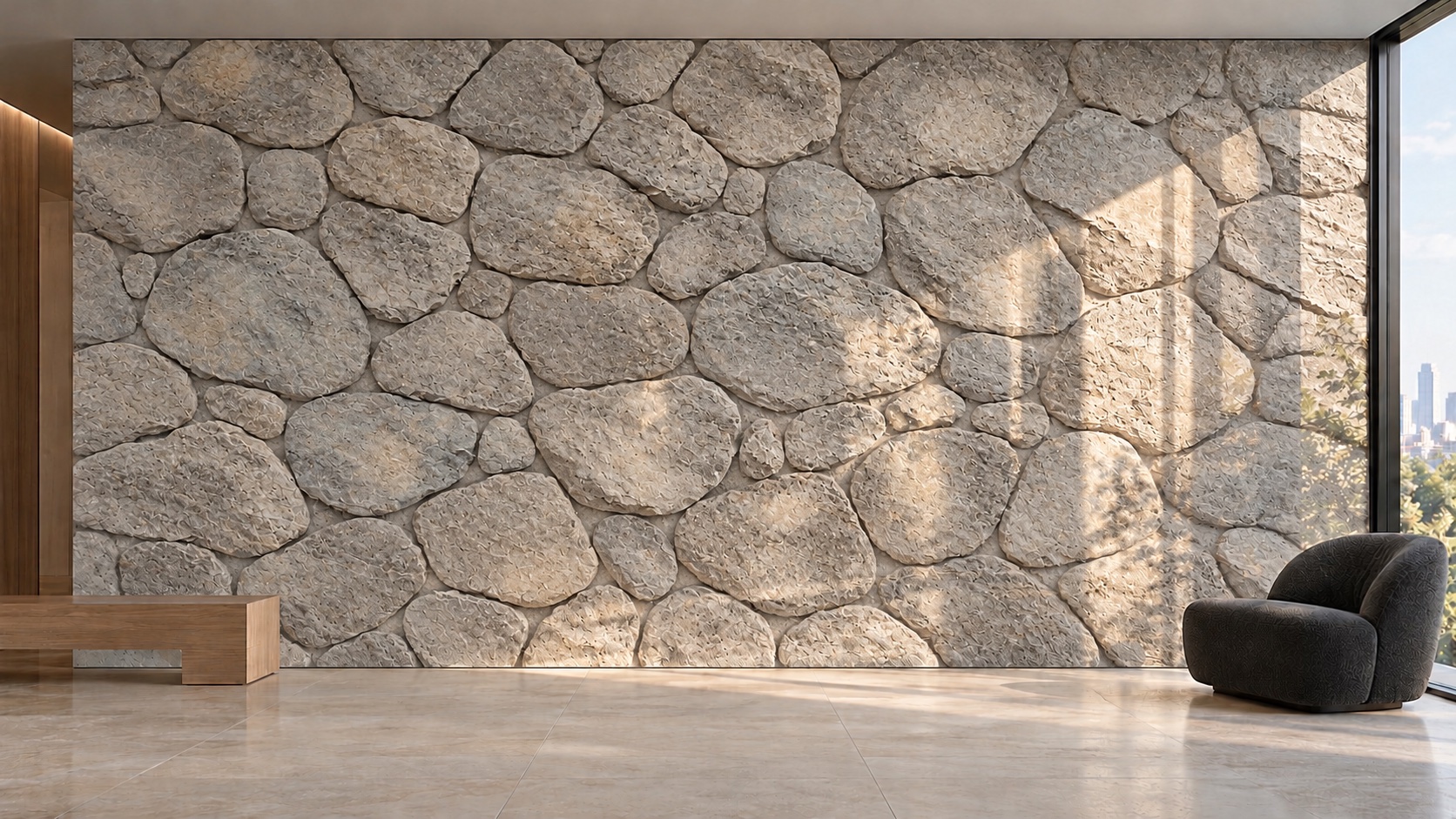 AI concept of a PU faux-stone feature wall with irregular raised rock faces and recessed joints.